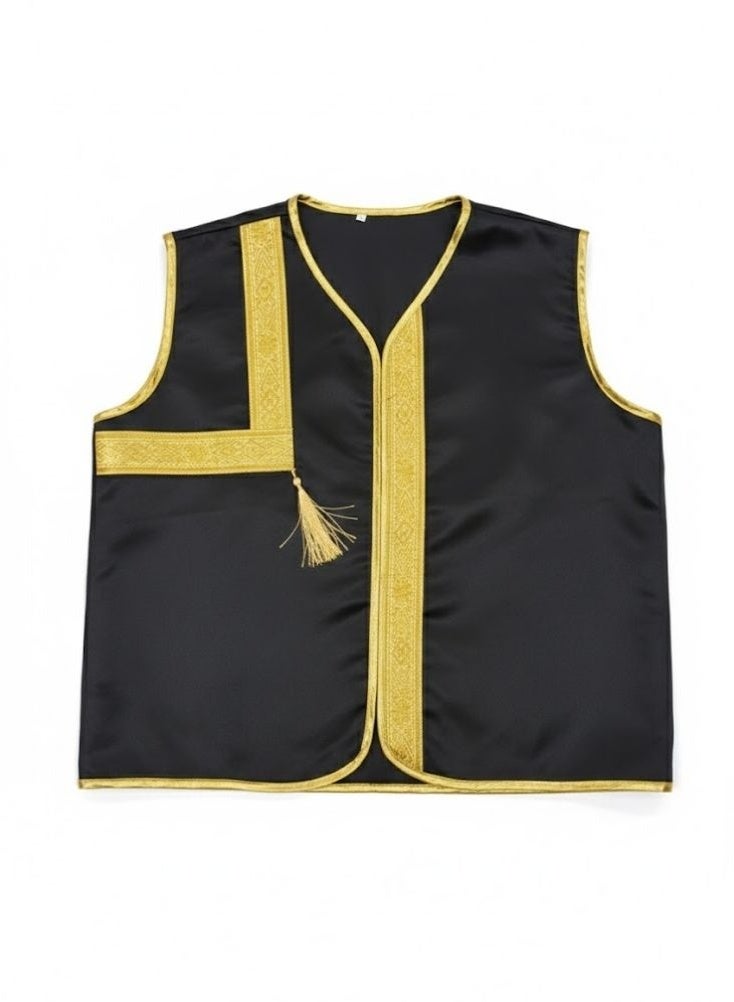 بريميم صدرية رجالية عربية تقليدية باللونين الأسود والذهبي مزينة بشرابات – زي ثقافي - Image 1